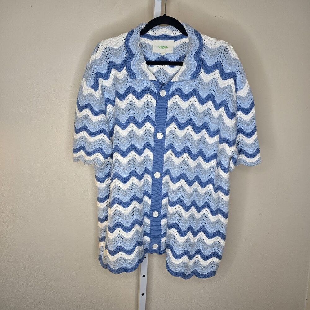 Yitai Azure Shale Stitch Button-Up Blue & White Striped Men's Unisex L Cotton